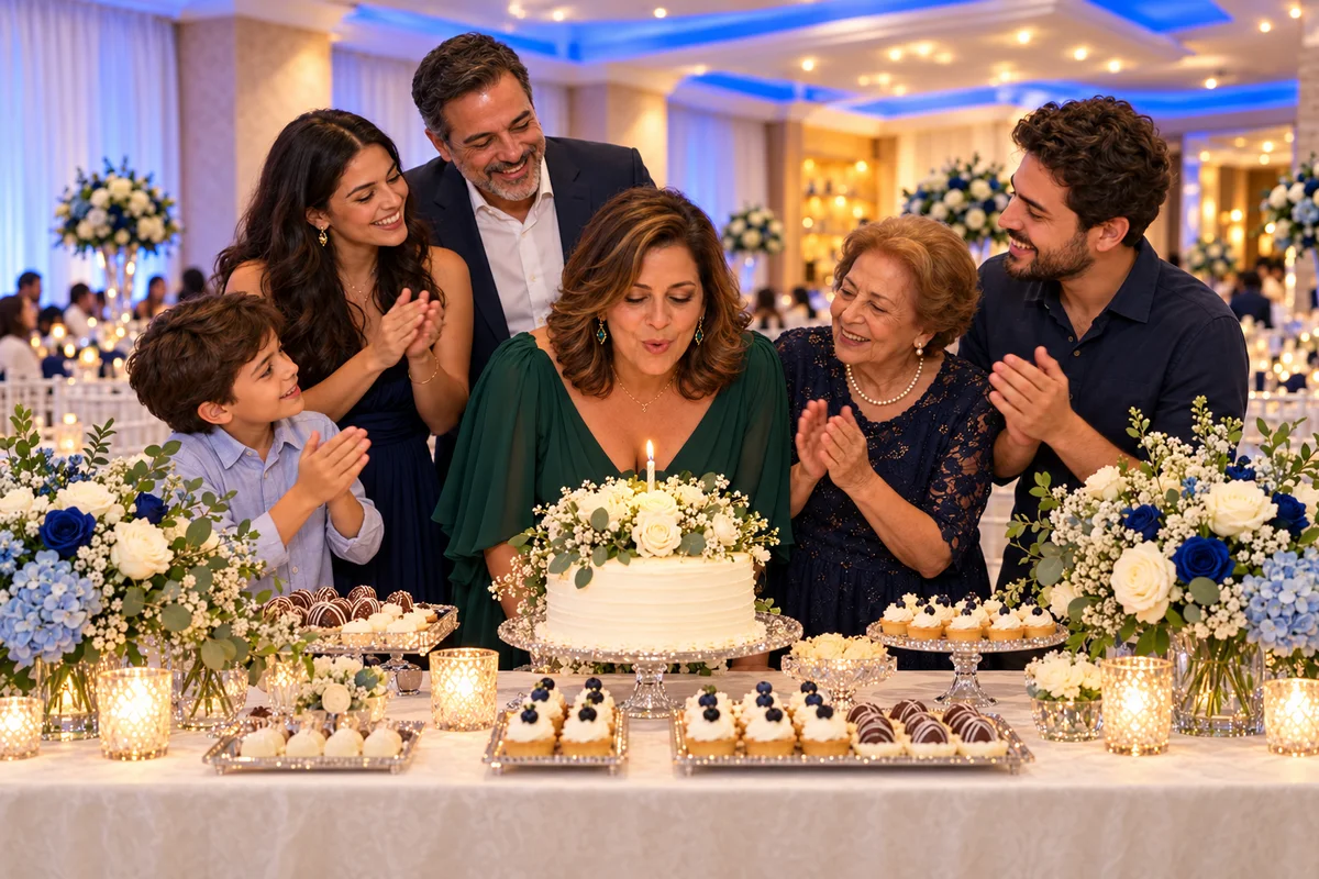 Mulher soprando uma vela com familiares de pé ao redor de uma mesa grande decorada