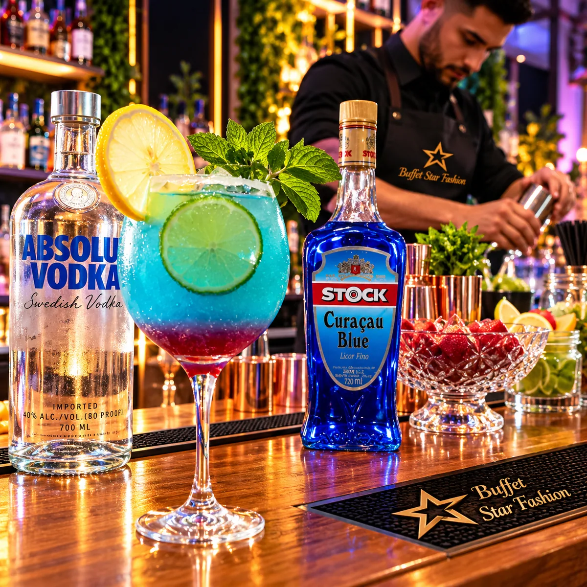 Bartender preparando bebidas e coquetel com frutas