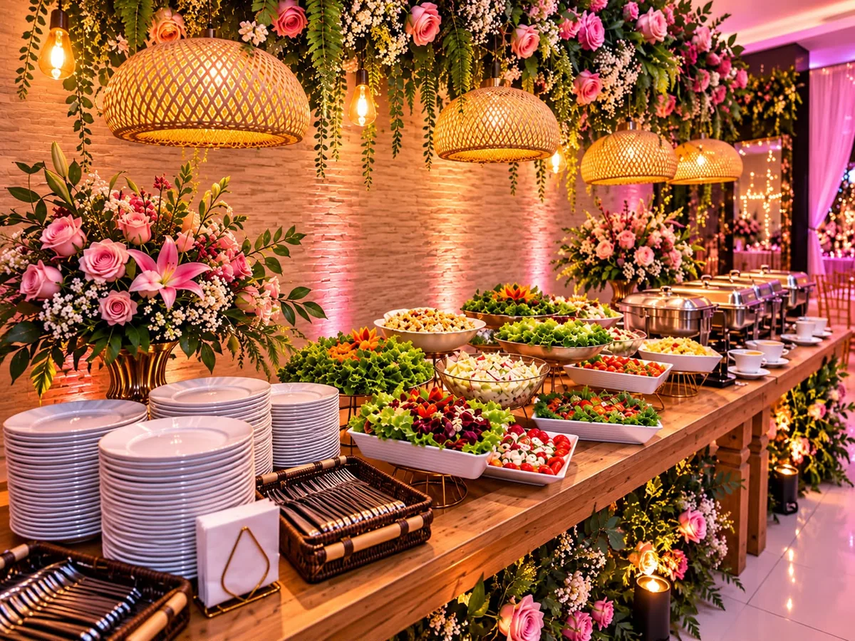 Buffet com saladas e pratos quentes em mesa decorada