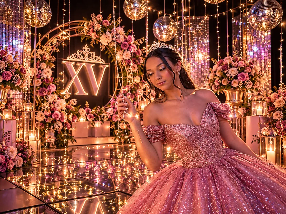 Debutante em cenário com flores e iluminação decorativa