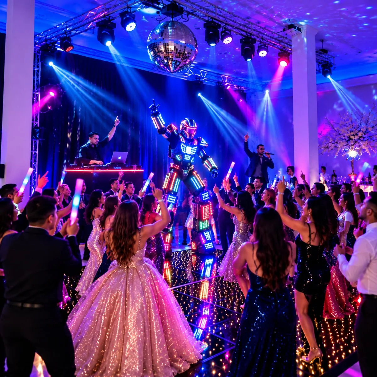 Robotron iluminado na pista com convidados