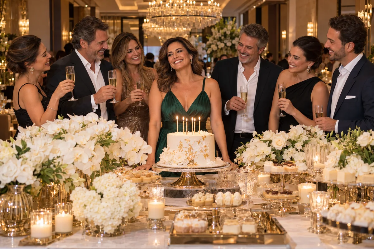 Aniversariante com bolo, flores e convidados em uma celebração elegante